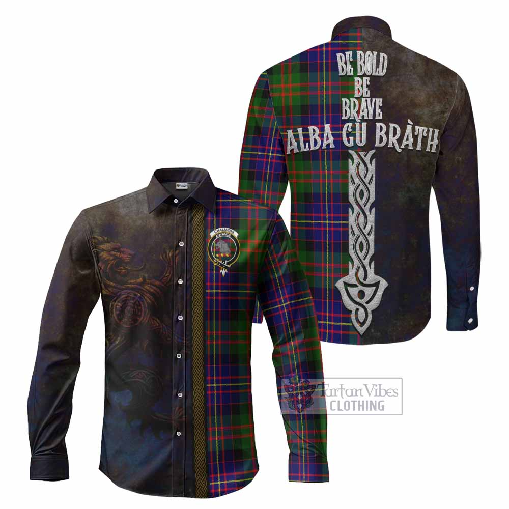 Chalmers Tartan Family Crest Long Sleeve Button Shirt Alba Gu Brath Be Brave Lion Ancient Style - Tartan Vibes Clothing