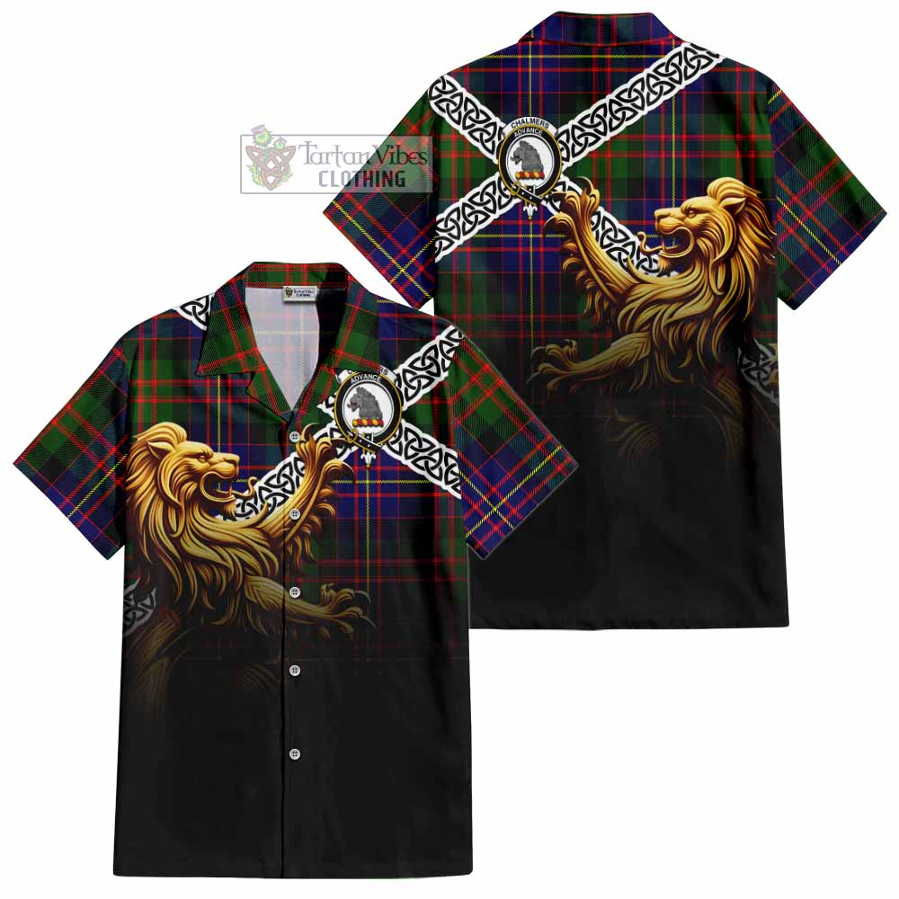 Tartan Vibes Clothing Chalmers Crest Tartan Short Sleeve Button Shirt with Golden Lion Emblem Celtic Style