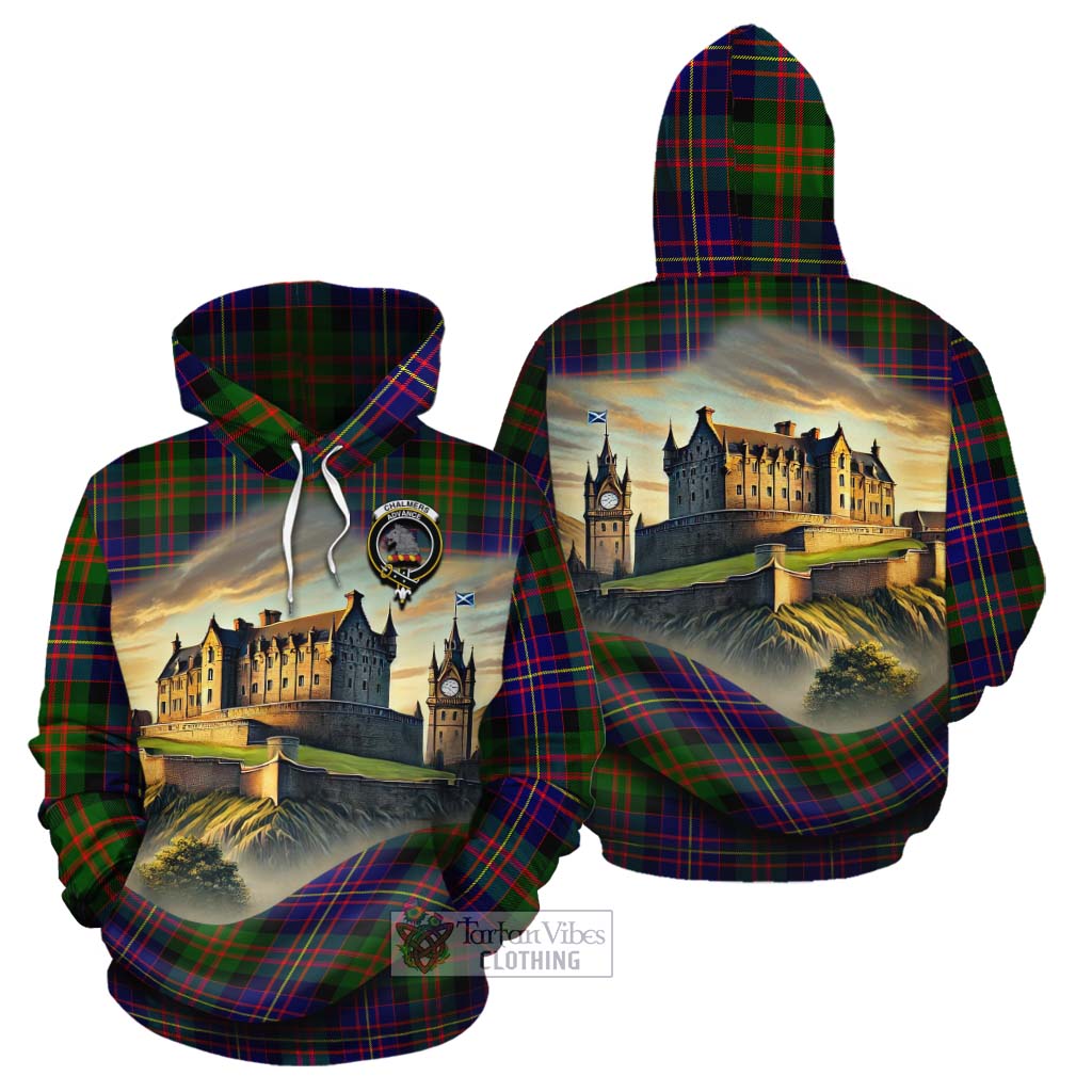 Chalmers Tartan Family Crest Cotton Hoodie with Scottish Ancient Castle Style - Tartan Vibes Clothing