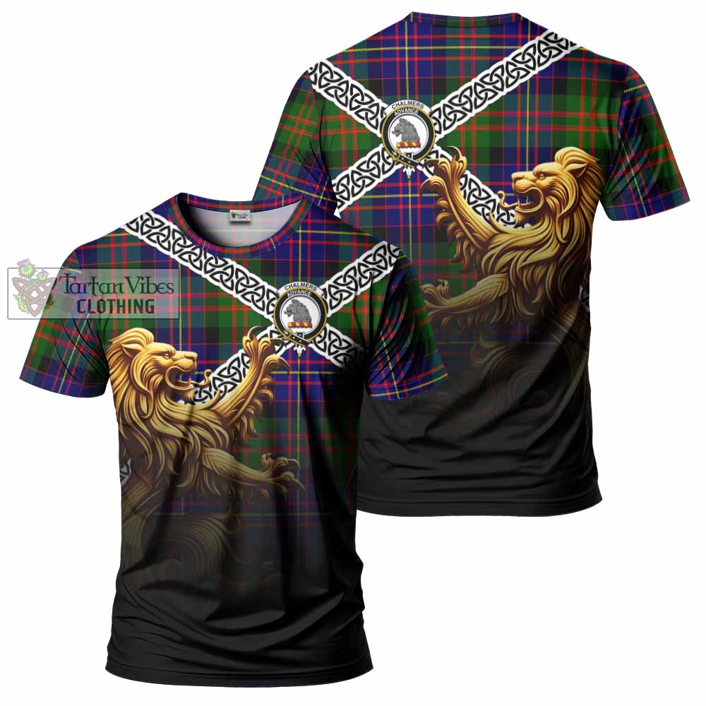 Tartan Vibes Clothing Chalmers Crest Tartan T-Shirt with Golden Lion Emblem Celtic Style