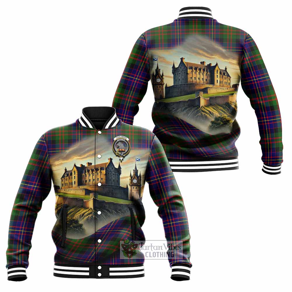 Chalmers Tartan Family Crest Baseball Jacket with Scottish Ancient Castle Style - Tartan Vibes Clothing