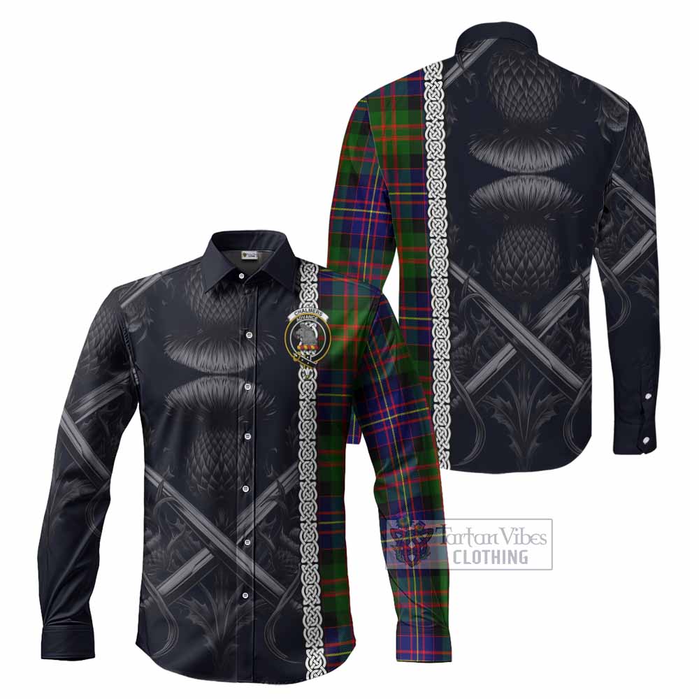Tartan Vibes Clothing Chalmers Tartan Long Sleeve Button Shirt with Family Crest Cross Sword Thistle Celtic Vibes