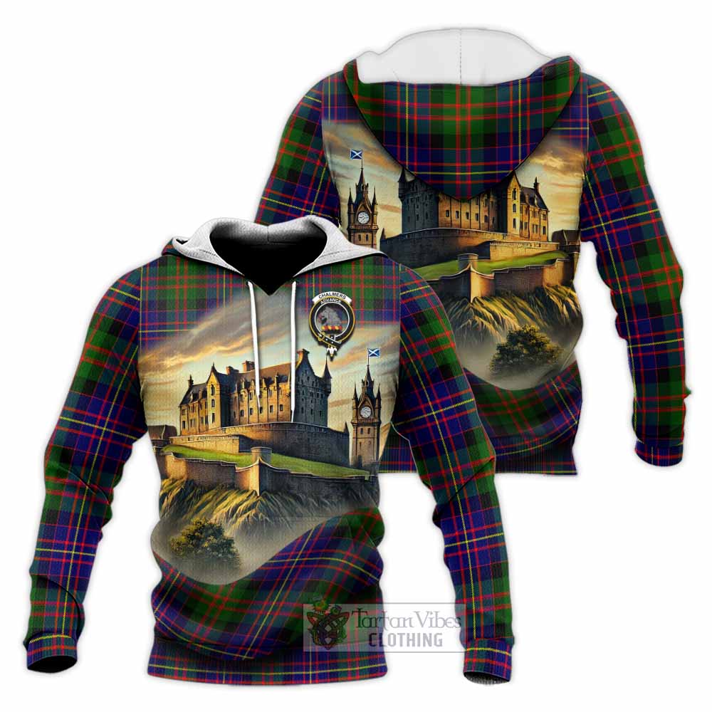 Chalmers Tartan Family Crest Knitted Hoodie with Scottish Ancient Castle Style - Tartan Vibes Clothing