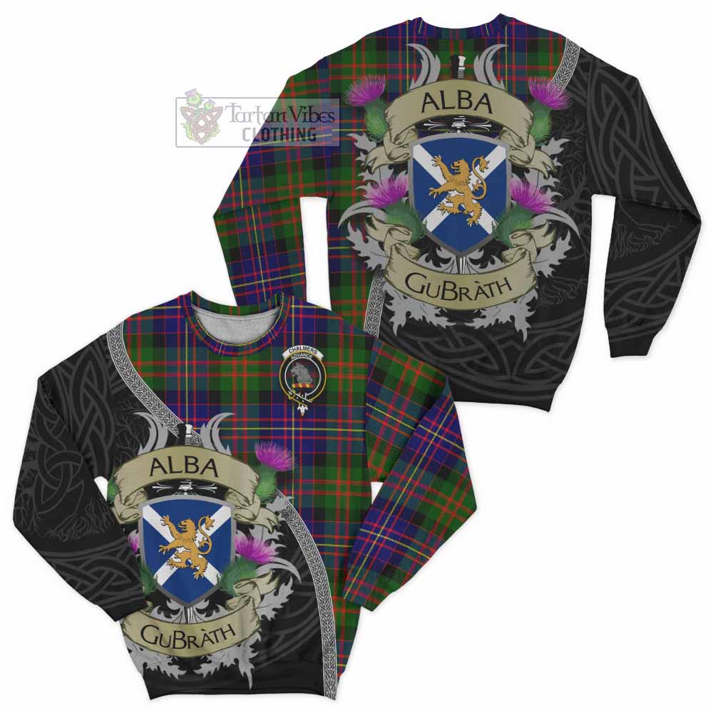 Chalmers Tartan Family Crest Sweatshirt Lion Rampant Royal Thistle Shield Celtic Inspired - Tartan Vibes Clothing