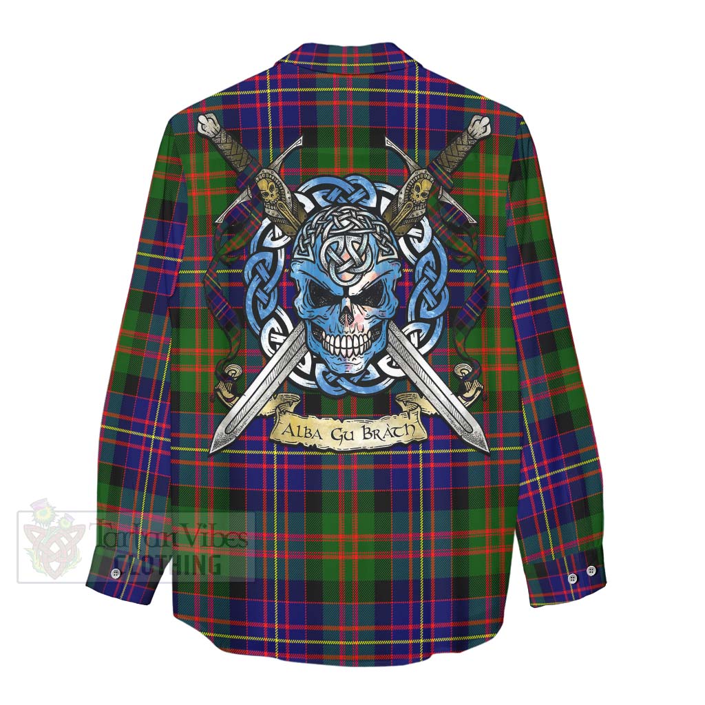 Chalmers Tartan Women's Casual Shirt with Family Crest Celtic Skull Style - Tartan Vibes Clothing