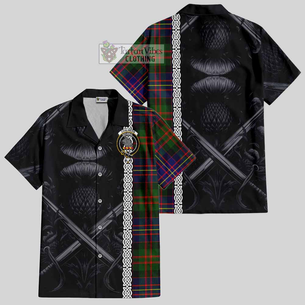 Chalmers Tartan Hawaiian Shirt with Family Crest Cross Sword Thistle Celtic Vibes - Tartan Vibes Clothing