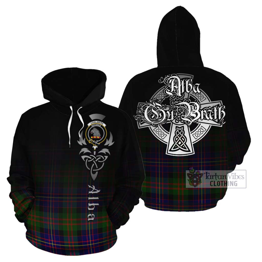 Tartan Vibes Clothing Chalmers Tartan Cotton Hoodie Featuring Alba Gu Brath Family Crest Celtic Inspired