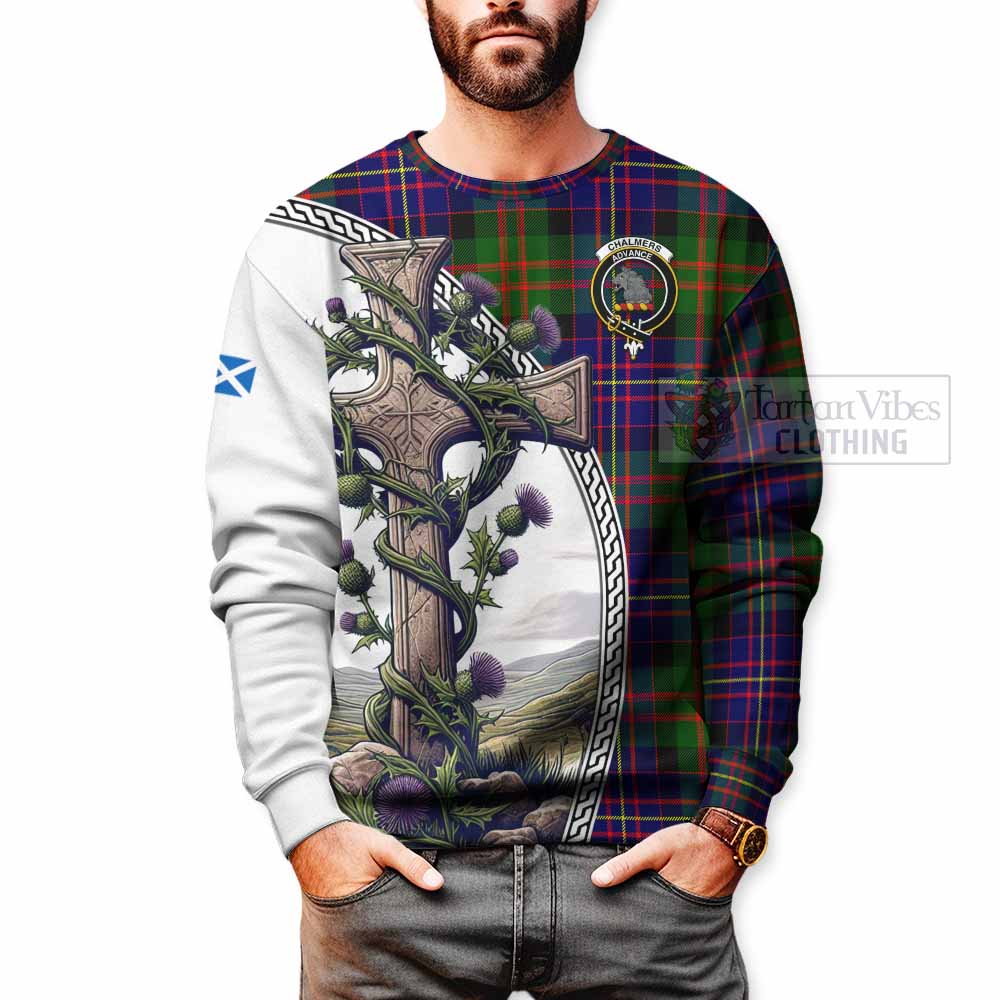 Chalmers Tartan Sweatshirt with Family Crest and St. Andrew's Cross Accented by Thistle Vines - Tartan Vibes Clothing