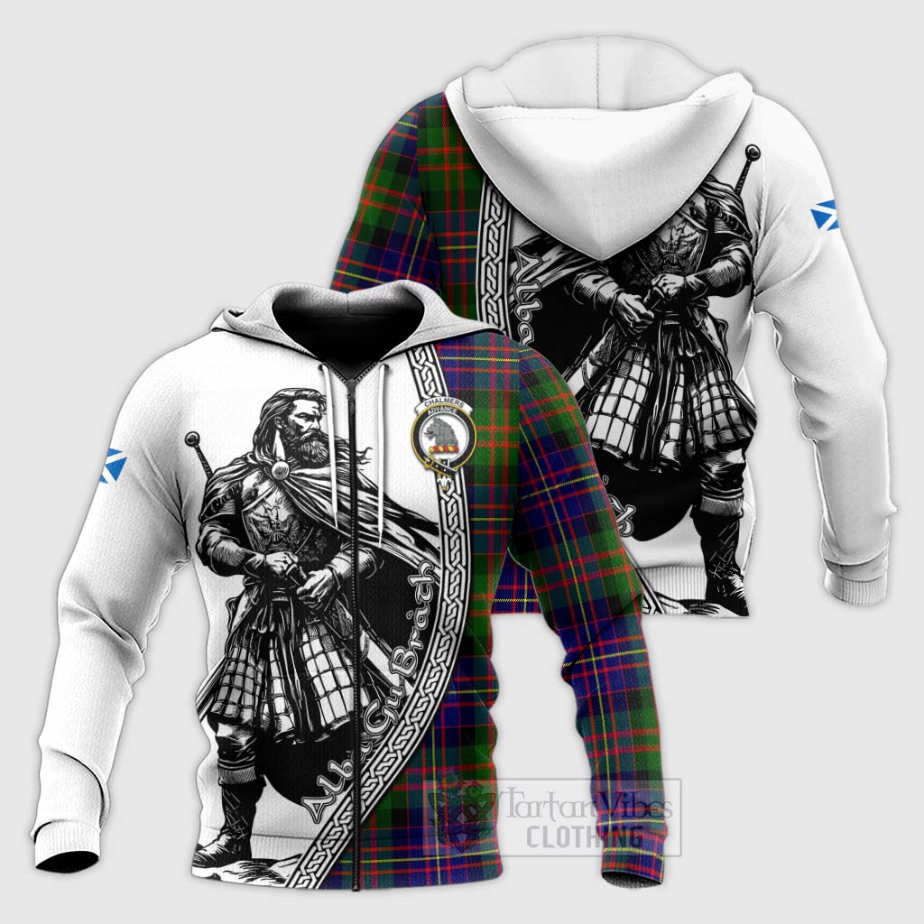 Chalmers Tartan Clan Crest Knitted Hoodie with Highlander Warrior Celtic Style Unisex Knitted Zip Hoodie - Tartan Vibes Clothing