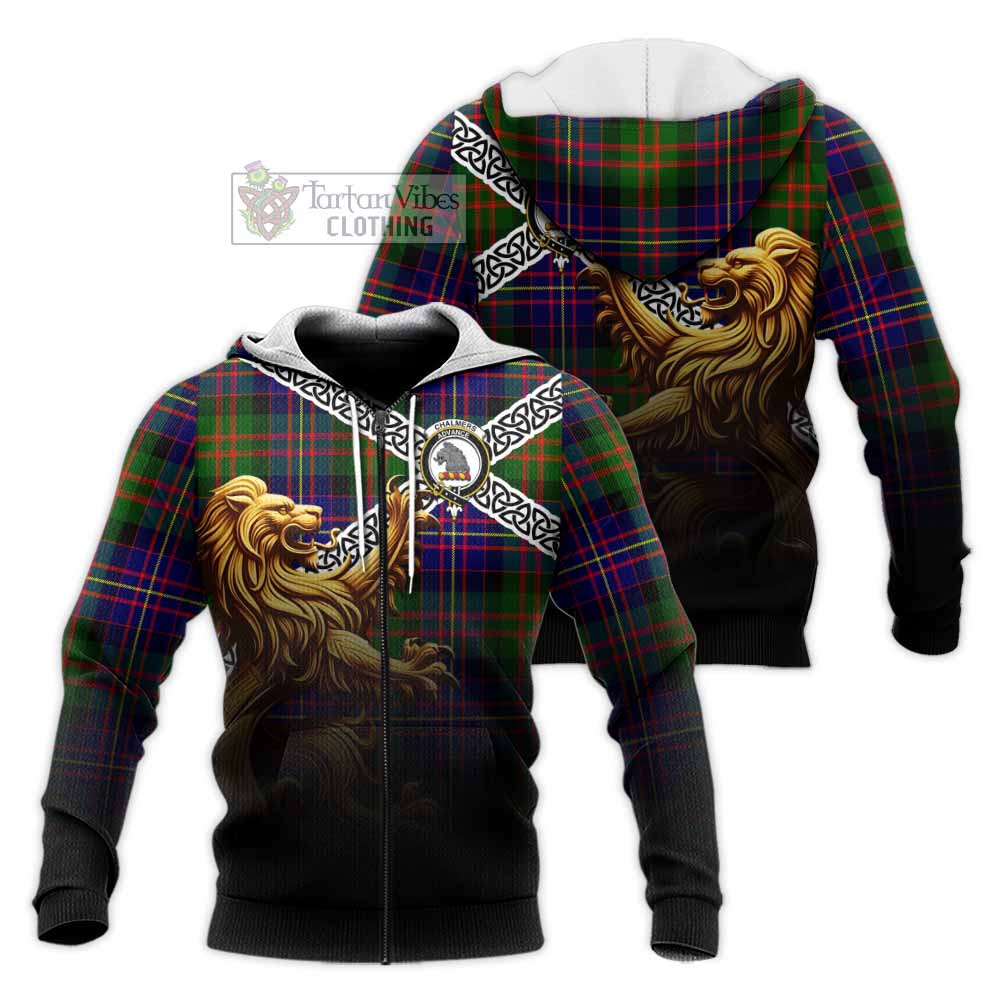 Chalmers Crest Tartan Knitted Hoodie with Golden Lion Emblem Celtic Style Unisex Knitted Zip Hoodie - Tartan Vibes Clothing