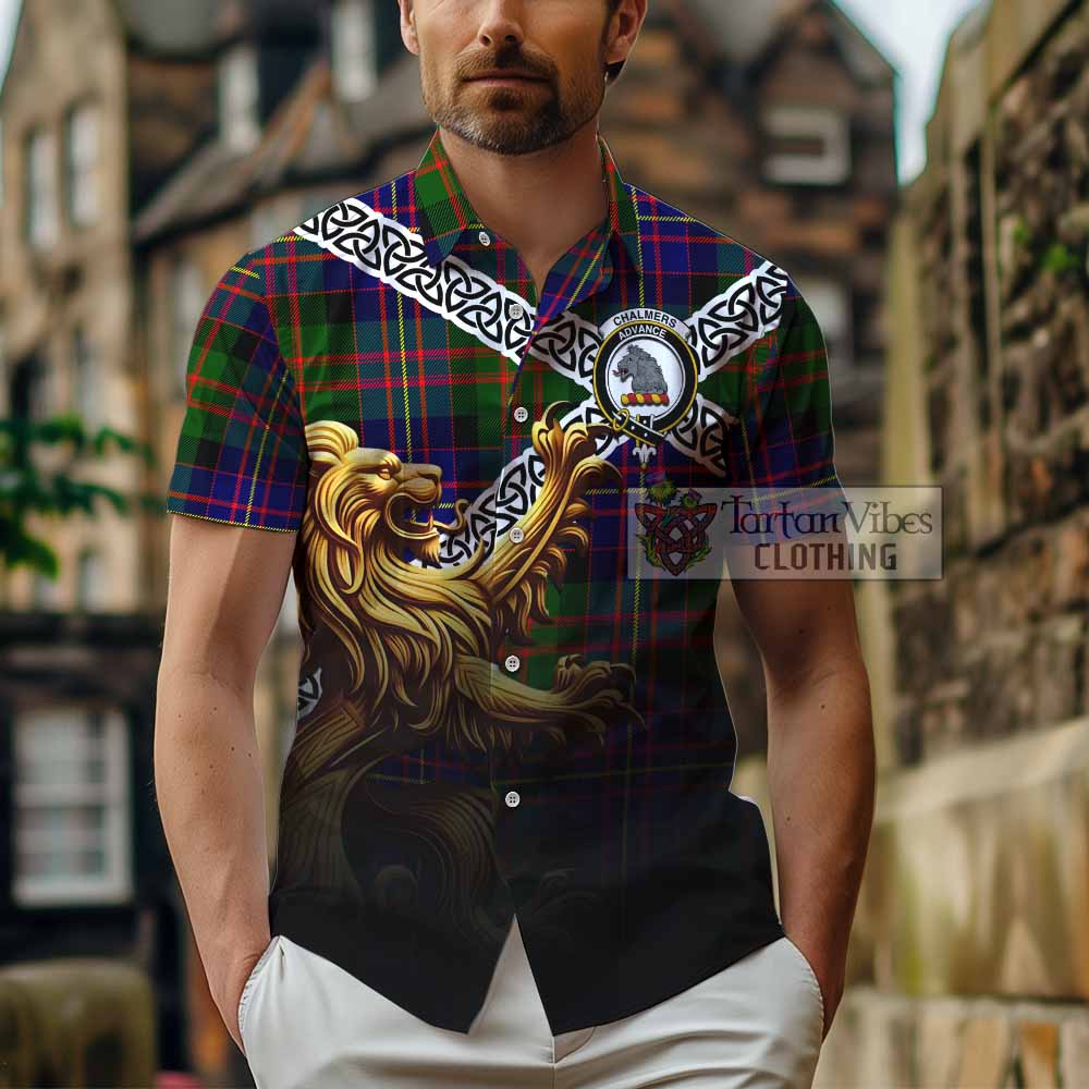 Tartan Vibes Clothing Chalmers Crest Tartan Short Sleeve Button Shirt with Golden Lion Emblem Celtic Style