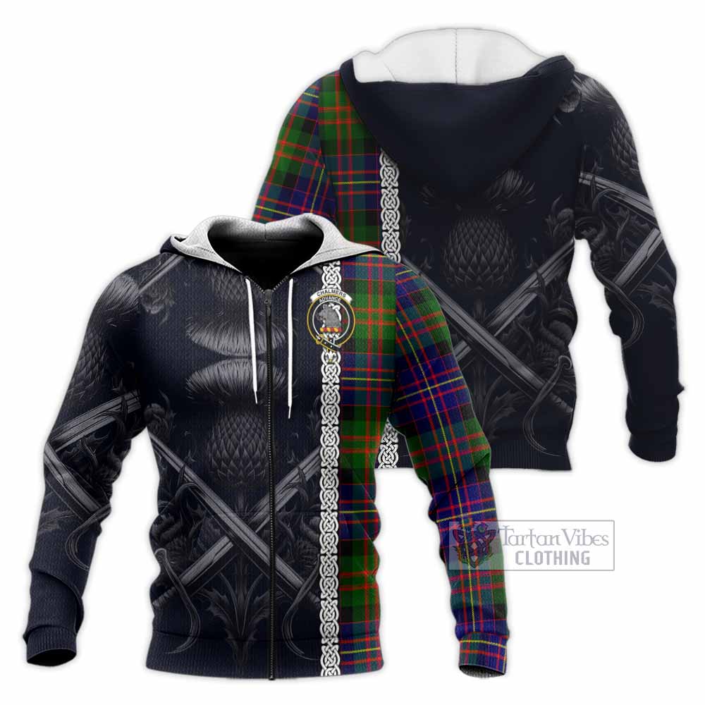 Chalmers Tartan Knitted Hoodie with Family Crest Cross Sword Thistle Celtic Vibes Unisex Knitted Zip Hoodie - Tartan Vibes Clothing