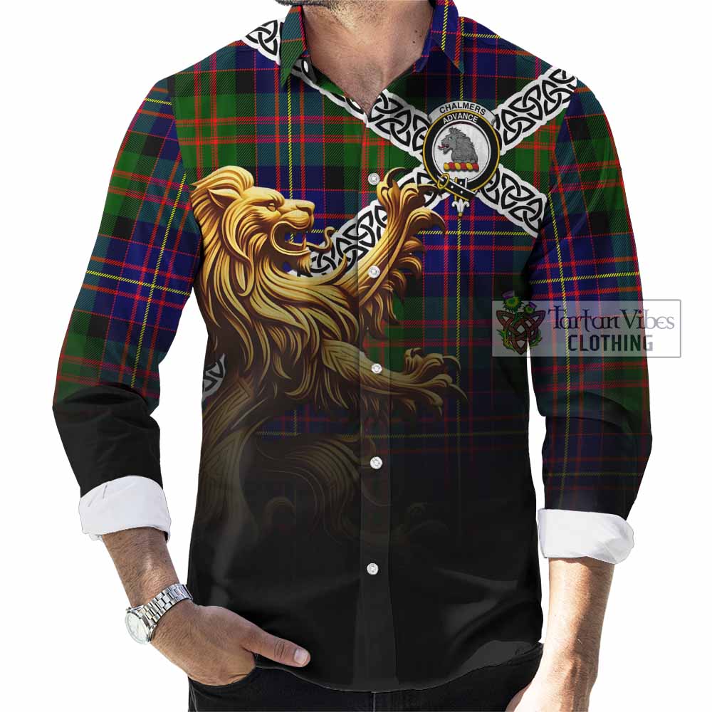 Chalmers Crest Tartan Long Sleeve Button Shirt with Golden Lion Emblem Celtic Style - Tartan Vibes Clothing