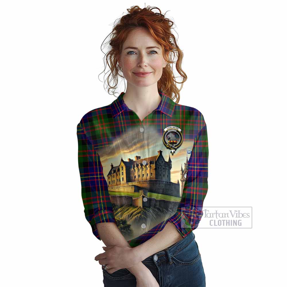 Chalmers Tartan Family Crest Women's Casual Shirt with Scottish Ancient Castle Style - Tartan Vibes Clothing
