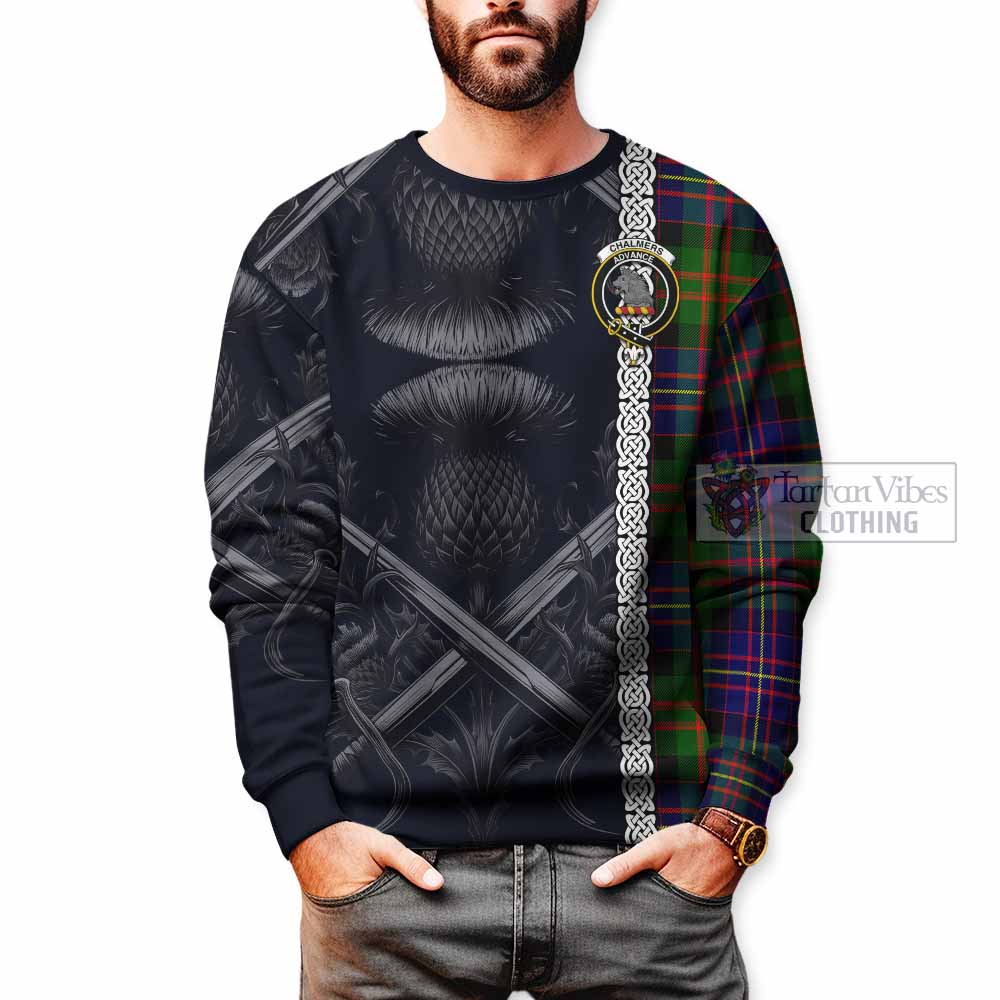 Chalmers Tartan Sweatshirt with Family Crest Cross Sword Thistle Celtic Vibes - Tartan Vibes Clothing