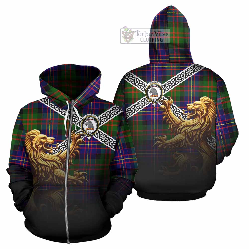 Tartan Vibes Clothing Chalmers Crest Tartan Hoodie with Golden Lion Emblem Celtic Style