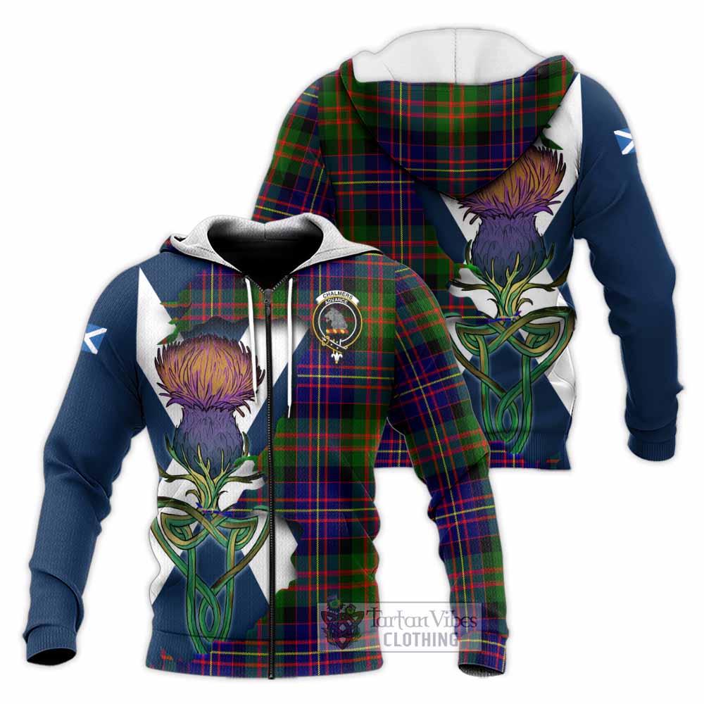 Chalmers Tartan Family Crest Knitted Hoodie Scottish Thistle Celtic Inspired Unisex Knitted Zip Hoodie - Tartan Vibes Clothing