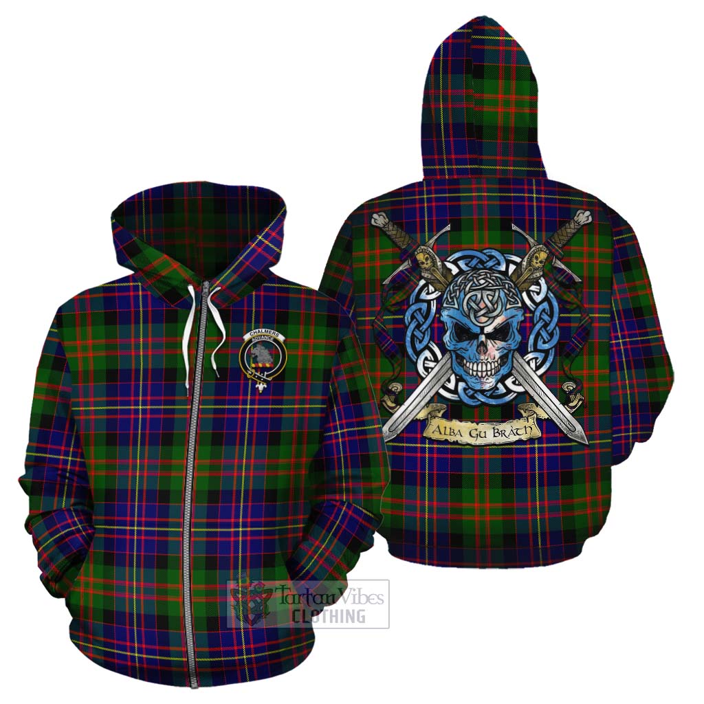 Chalmers Tartan Cotton Hoodie with Family Crest Celtic Skull Style - Tartan Vibes Clothing
