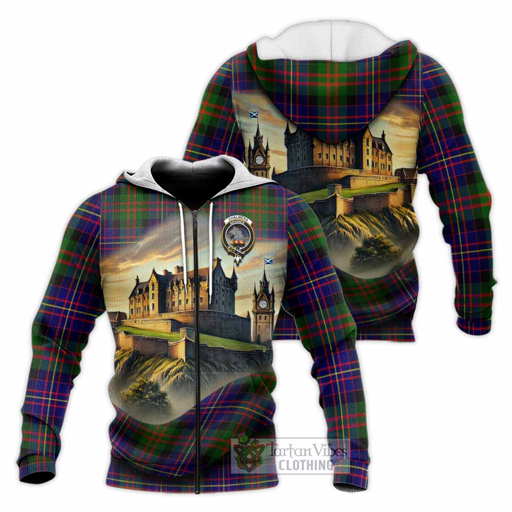 Chalmers Tartan Family Crest Knitted Hoodie with Scottish Ancient Castle Style Unisex Knitted Zip Hoodie - Tartan Vibes Clothing