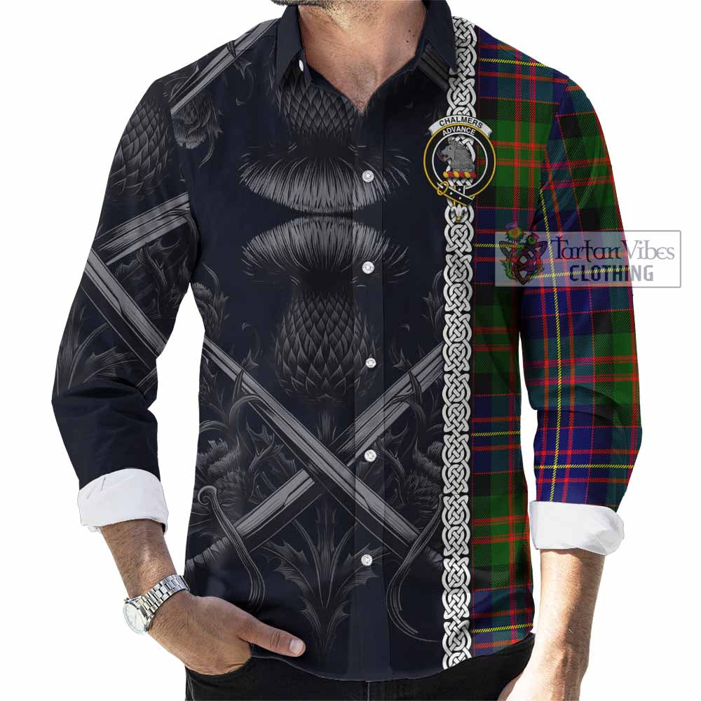 Tartan Vibes Clothing Chalmers Tartan Long Sleeve Button Shirt with Family Crest Cross Sword Thistle Celtic Vibes