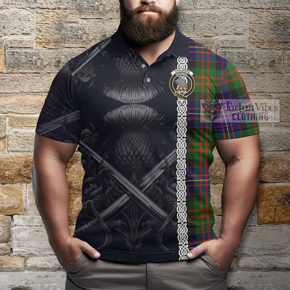 Chalmers Tartan Polo Shirt with Family Crest Cross Sword Thistle Celtic Vibes - Tartan Vibes Clothing
