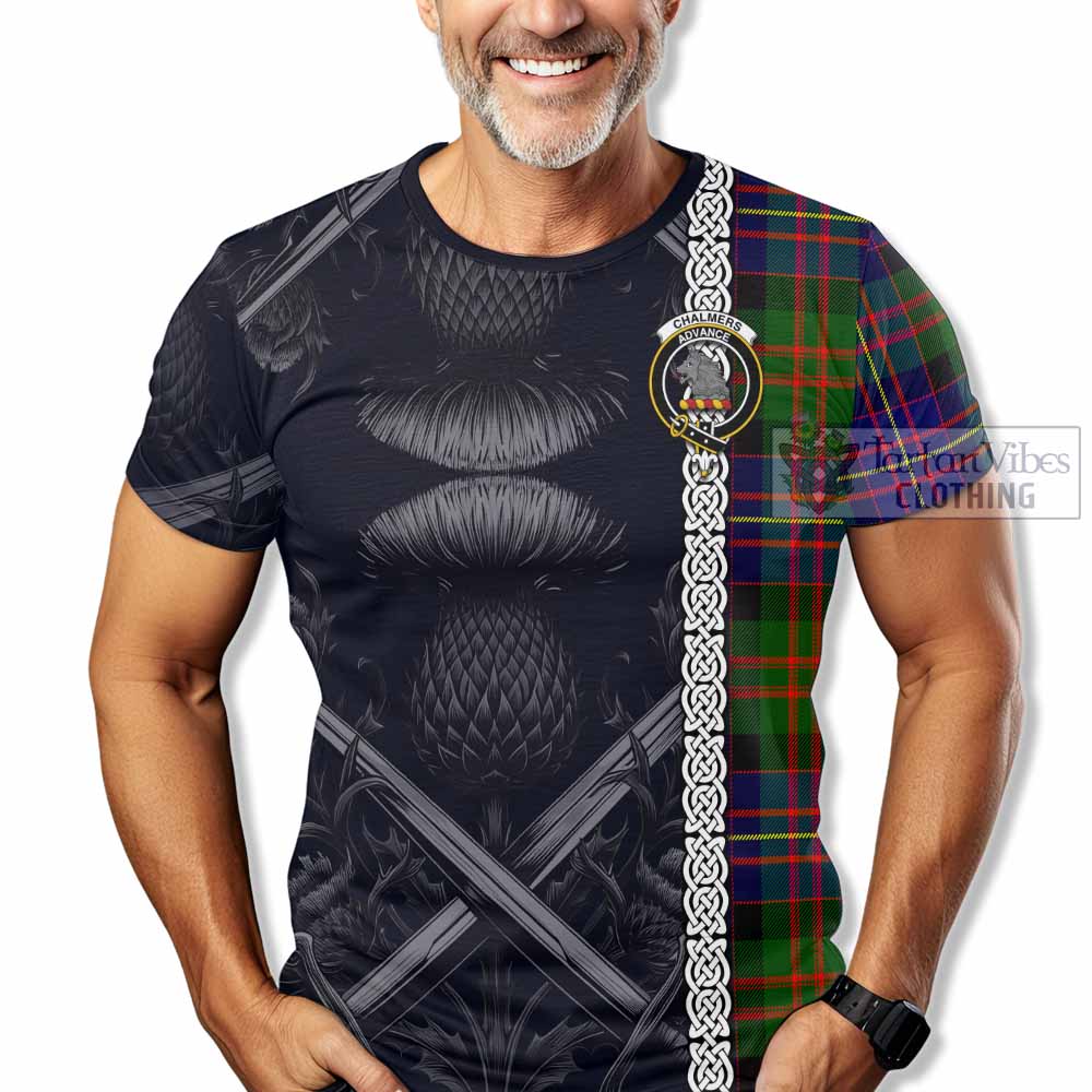 Chalmers Tartan T-Shirt with Family Crest Cross Sword Thistle Celtic Vibes - Tartan Vibes Clothing