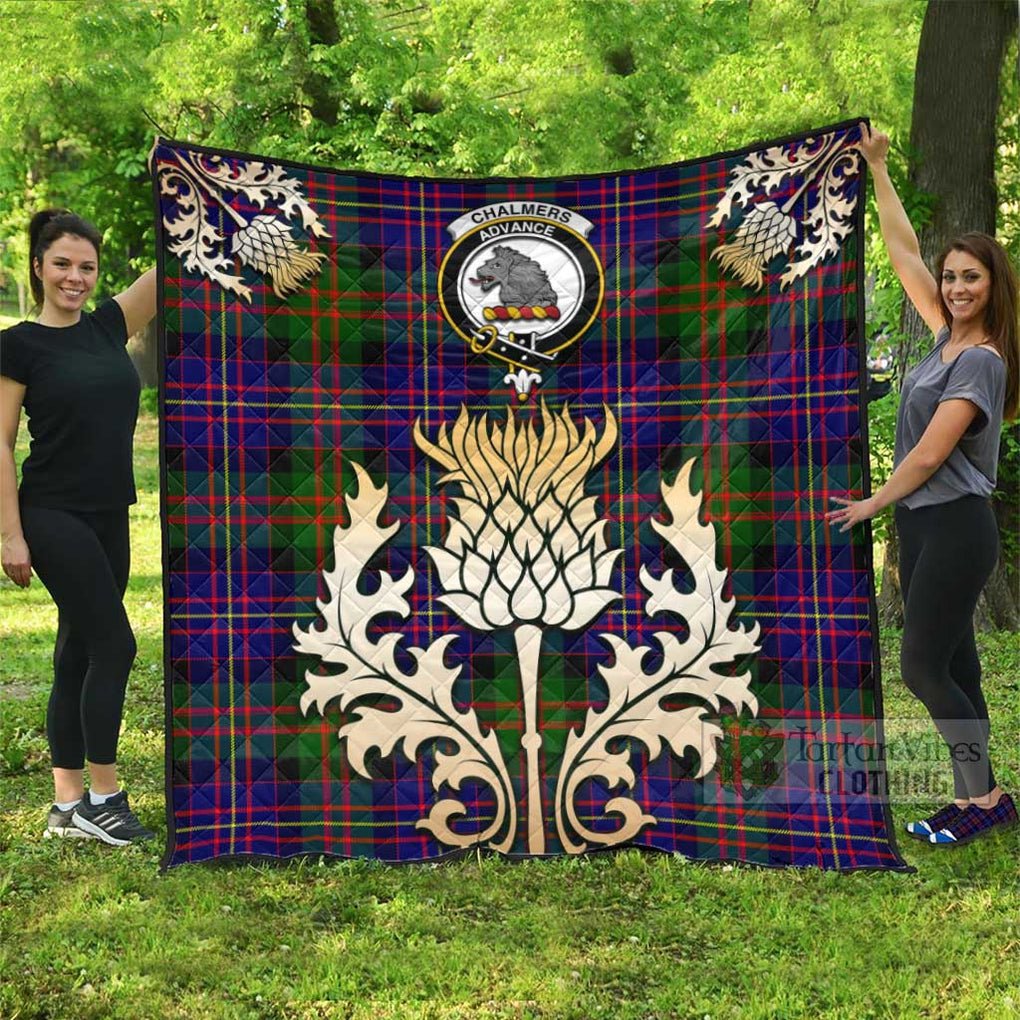 Tartan Vibes Clothing Chalmers Tartan Quilt with Family Crest and Golden Thistle Style