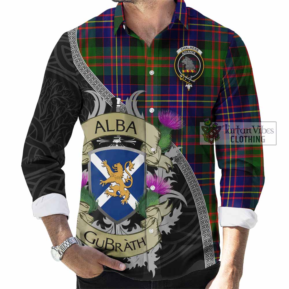 Chalmers Tartan Family Crest Long Sleeve Button Shirt Lion Rampant Royal Thistle Shield Celtic Inspired - Tartan Vibes Clothing