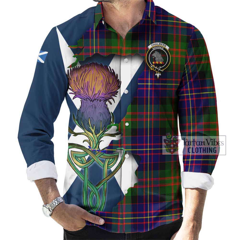 Tartan Vibes Clothing Chalmers Tartan Family Crest Long Sleeve Button Shirt Scottish Thistle Celtic Inspired