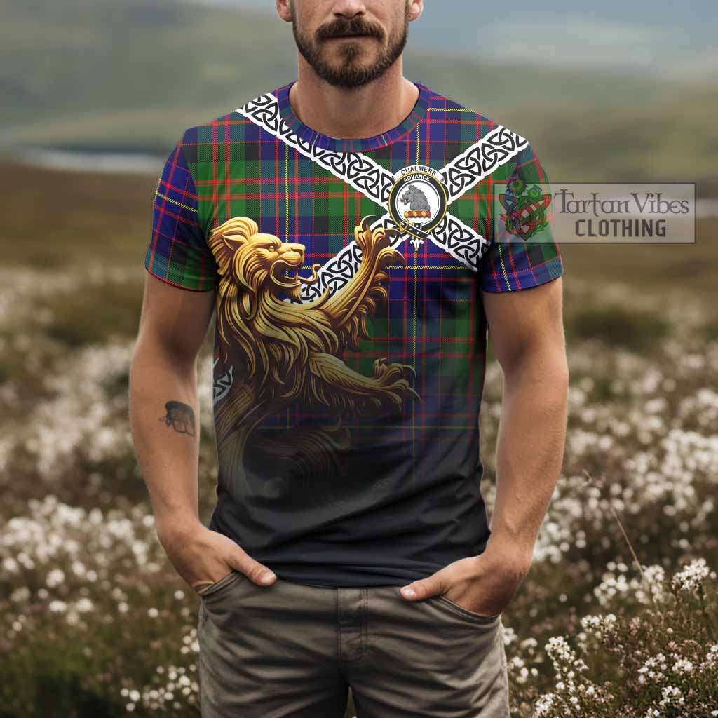 Tartan Vibes Clothing Chalmers Crest Tartan T-Shirt with Golden Lion Emblem Celtic Style