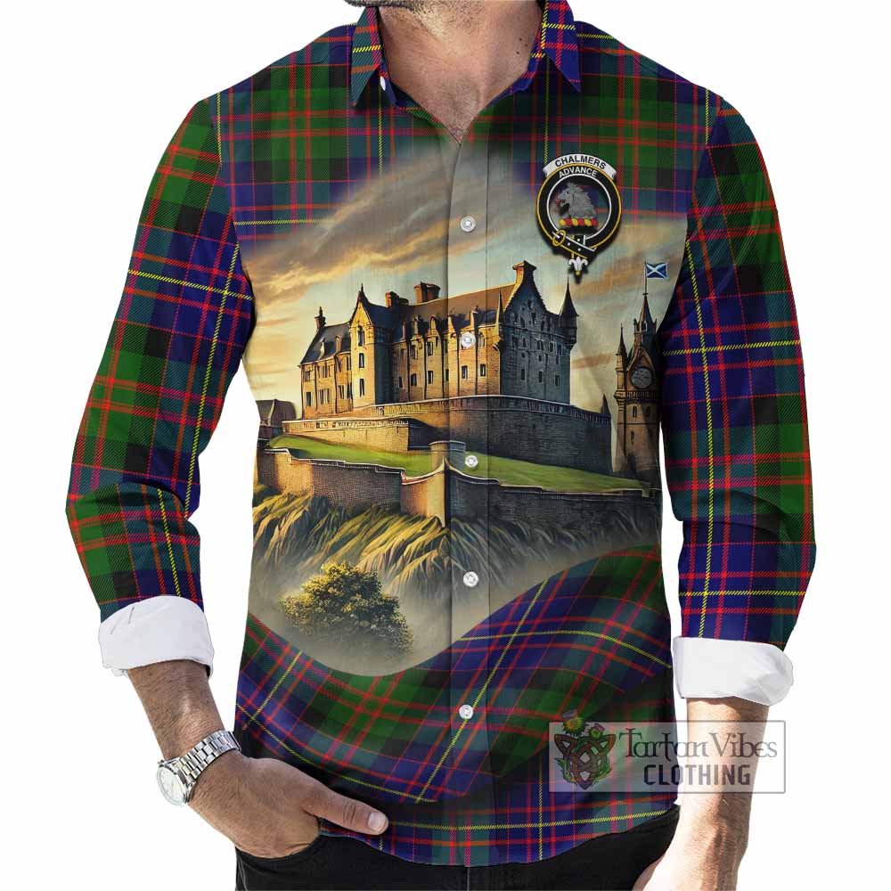 Tartan Vibes Clothing Chalmers Tartan Family Crest Long Sleeve Button Shirt with Scottish Ancient Castle Style