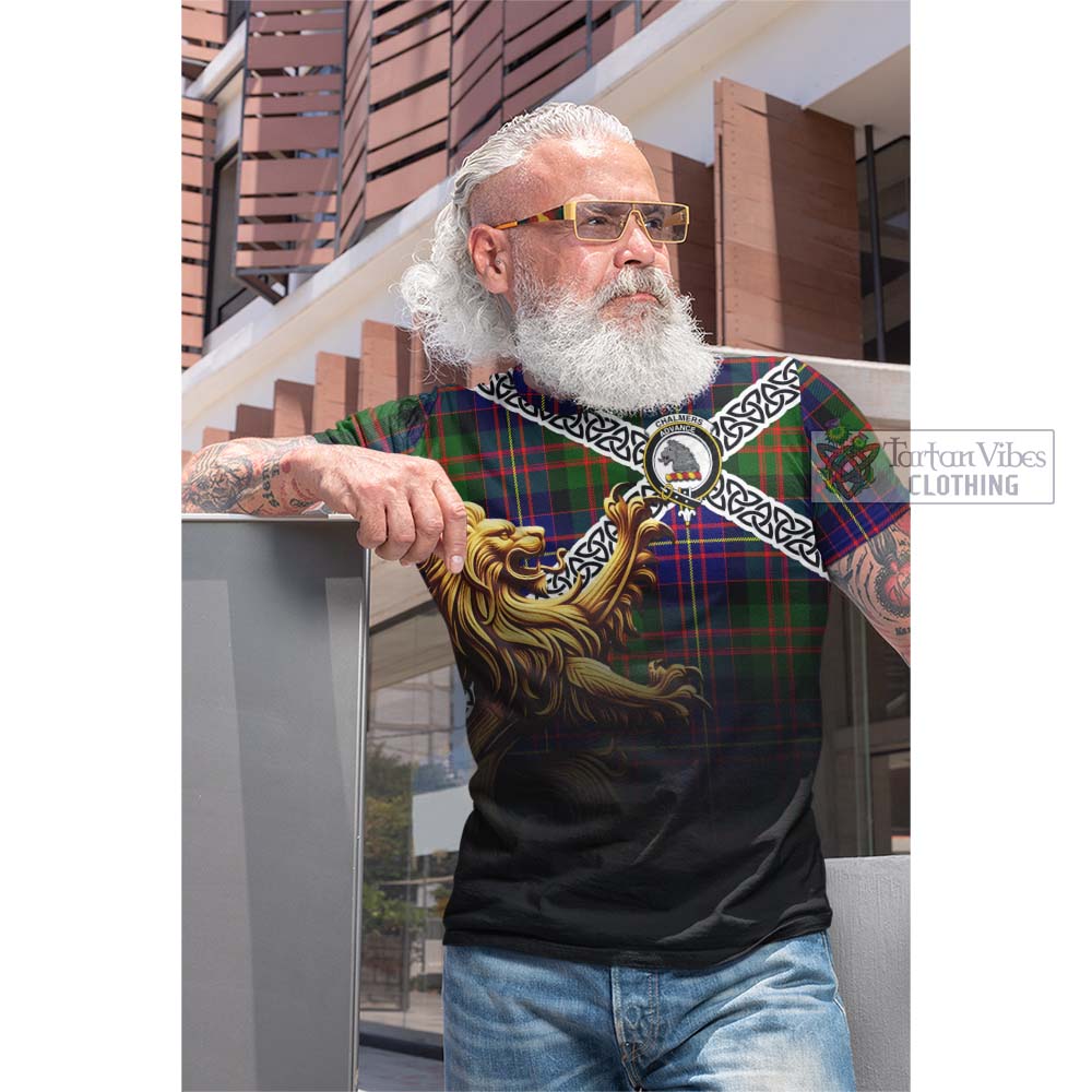 Tartan Vibes Clothing Chalmers Crest Tartan Cotton T-shirt with Golden Lion Emblem Celtic Style