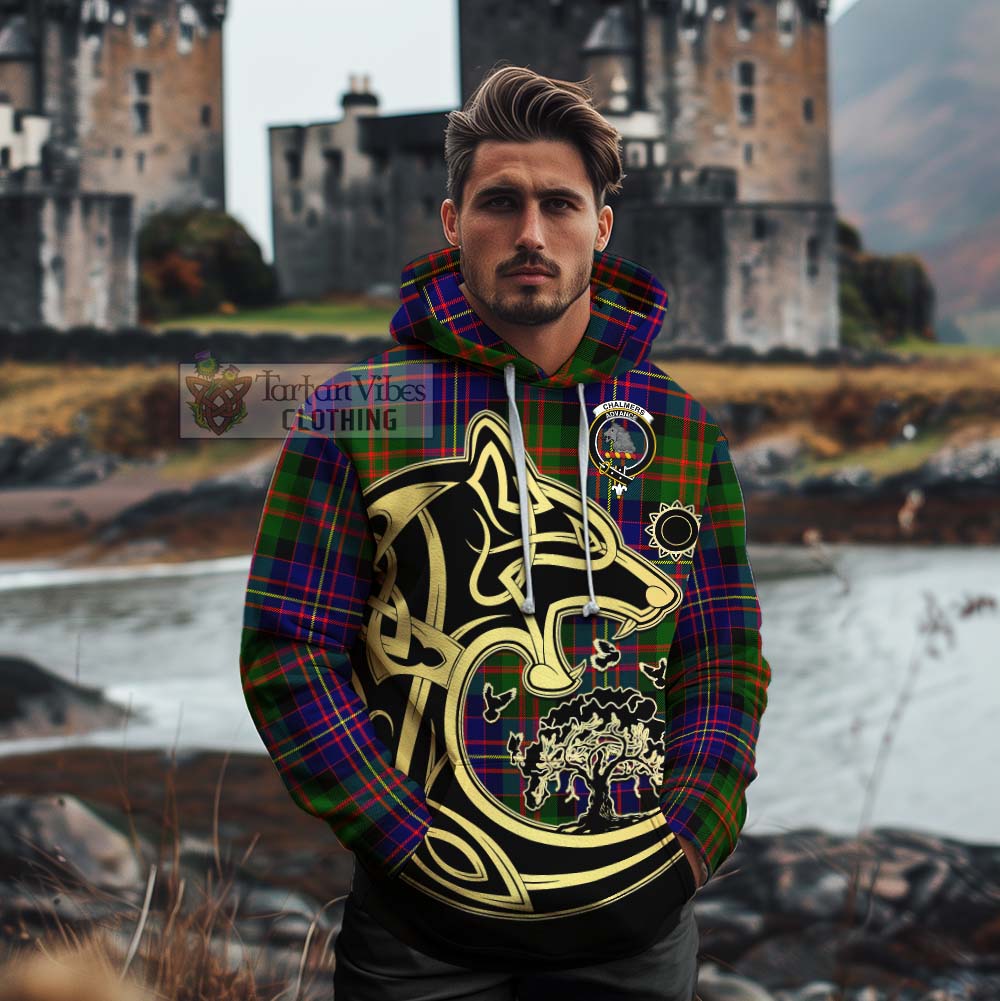 Chalmers Tartan Cotton Hoodie with Family Crest Celtic Wolf Style - Tartan Vibes Clothing