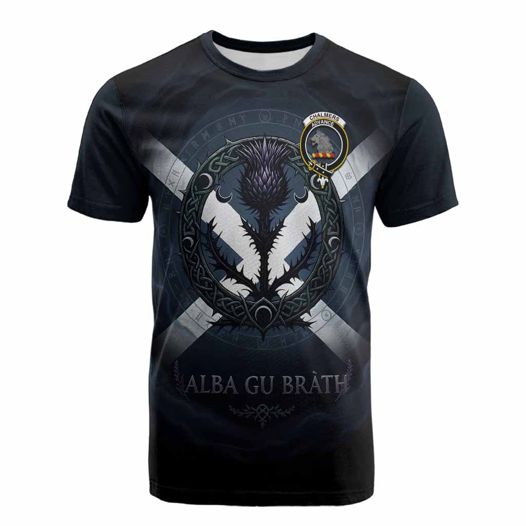 Chalmers Clan Crest Cotton T-shirt with Celtic Knot Thistle and Saltire