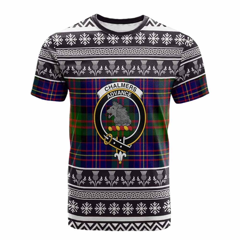 Chalmers Clan Tartan Christmas Cotton T-shirt with Family Crest - Tartan Vibes Clothing