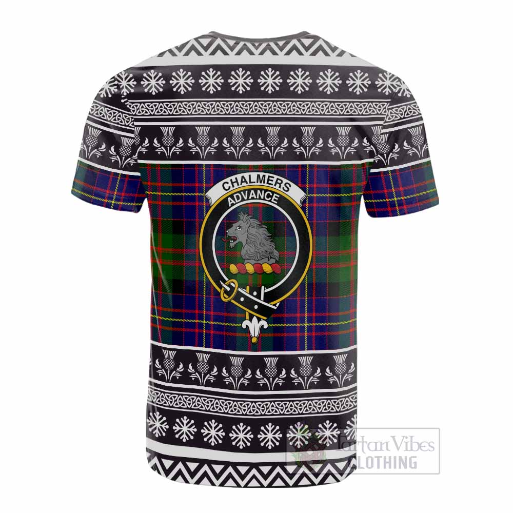 Chalmers Clan Tartan Christmas Cotton T-shirt with Family Crest - Tartan Vibes Clothing