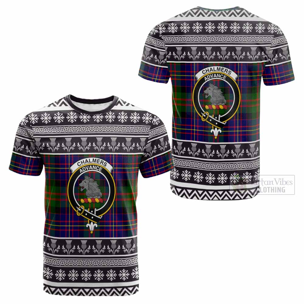 Chalmers Clan Tartan Christmas Cotton T-shirt with Family Crest - Tartan Vibes Clothing