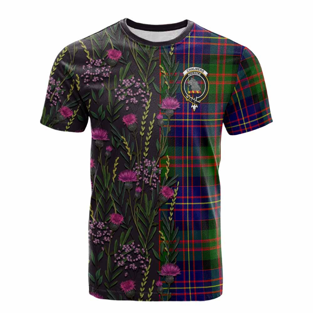 Chalmers Family Crest Tartan Cotton T-shirt Scottish Thistle Flower Pattern Half Style - Tartan Vibes Clothing