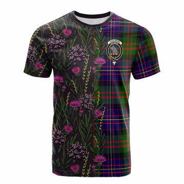 Chalmers Family Crest Tartan Cotton T-shirt Scottish Thistle Flower Pattern Half Style