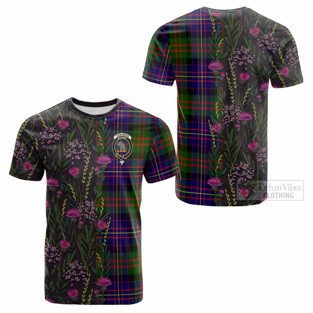 Chalmers Family Crest Tartan Cotton T-shirt Scottish Thistle Flower Pattern Half Style - Tartan Vibes Clothing
