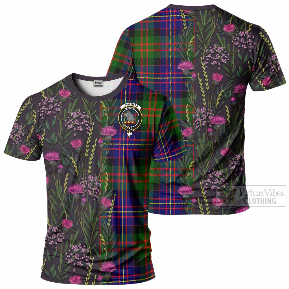 Chalmers Family Crest Tartan T-Shirt Scottish Thistle Flower Pattern Half Style - Tartan Vibes Clothing