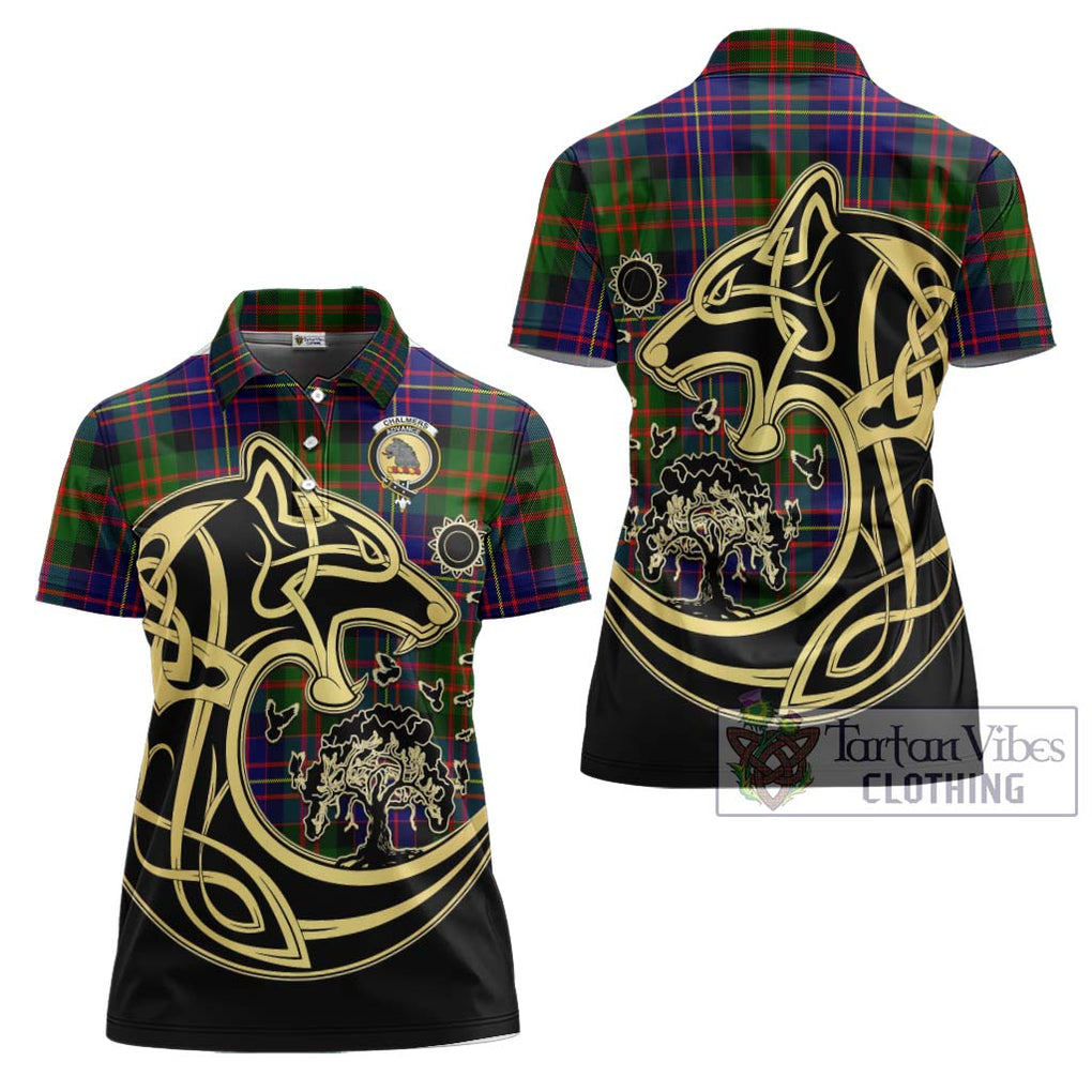 Chalmers Tartan Women's Polo Shirt with Family Crest Celtic Wolf Style Women - Tartanvibesclothing Shop