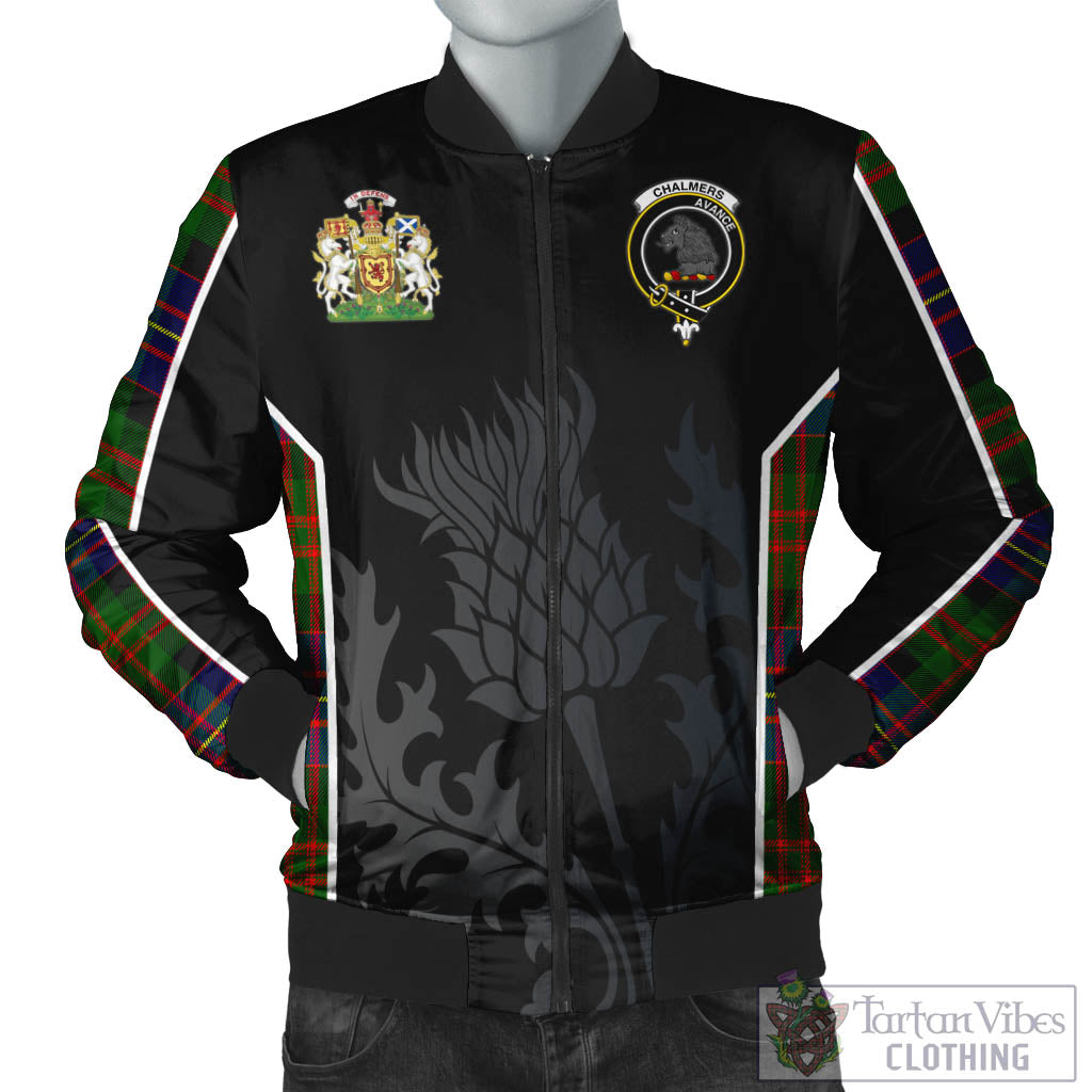 Chalmers Tartan Bomber Jacket with Family Crest and Scottish Thistle Vibes Sport Style Unisex Black - Tartan Vibes Clothing