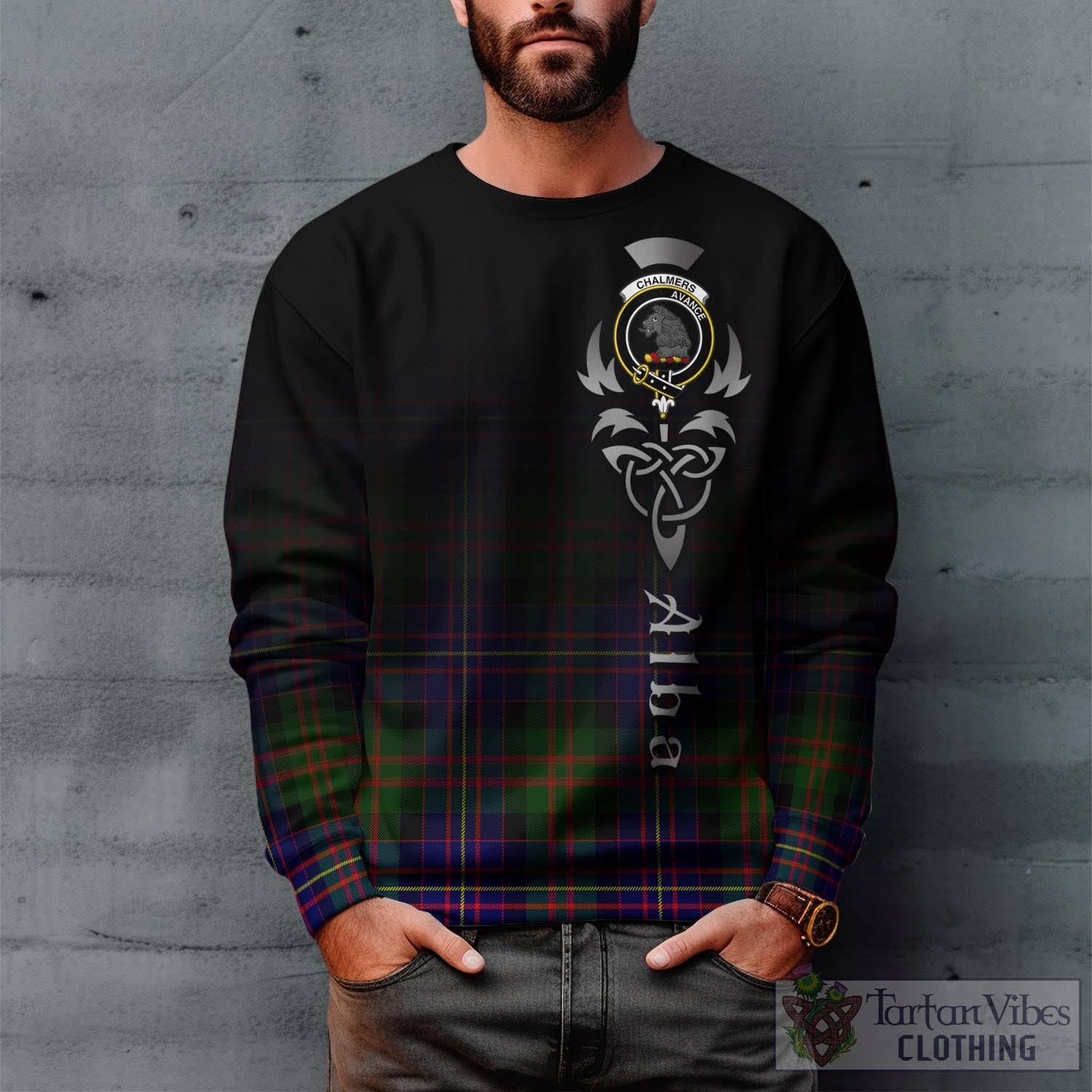 Tartan Vibes Clothing Chalmers Modern Tartan Sweatshirt Featuring Alba Gu Brath Family Crest Celtic Inspired