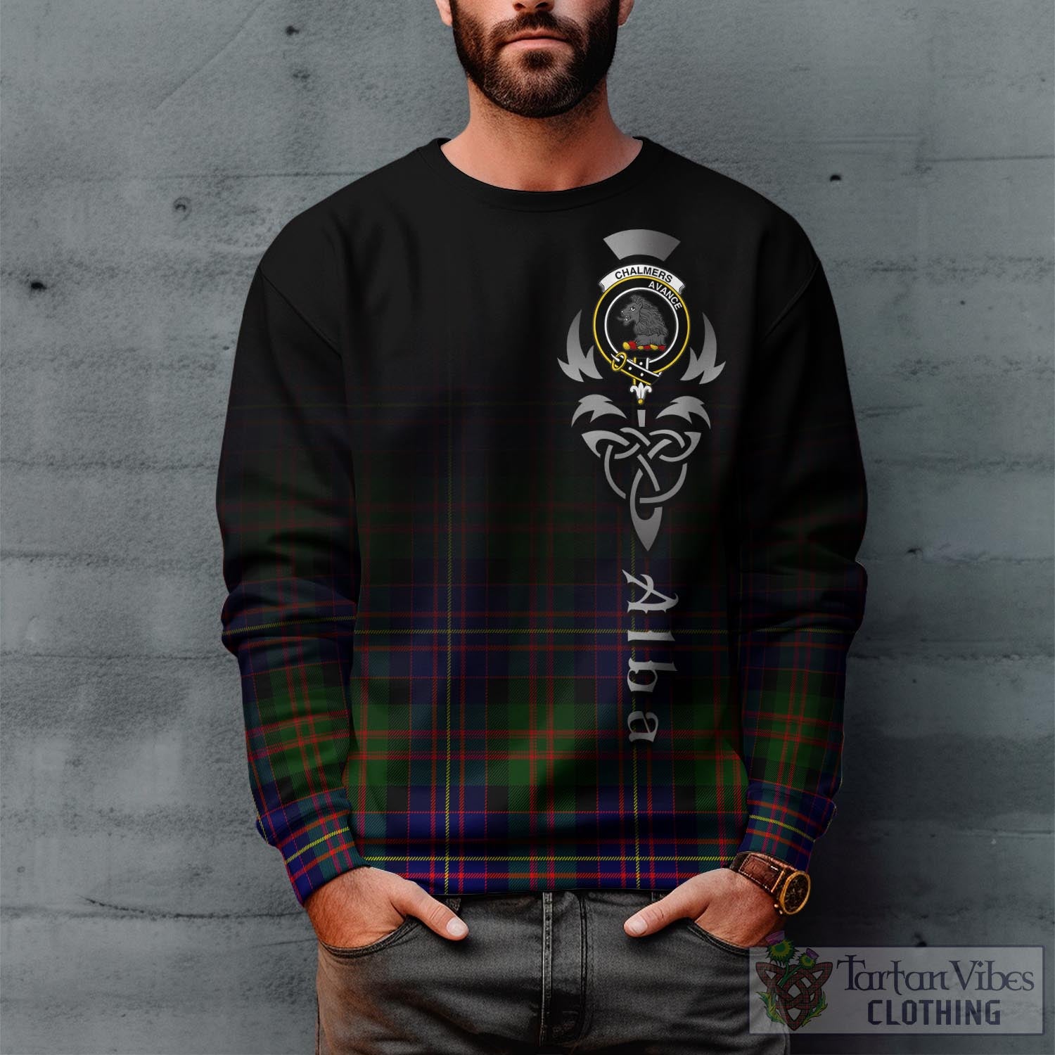 Chalmers Tartan Sweatshirt Featuring Alba Gu Brath Family Crest Celtic Inspired Unisex - Tartan Vibes Clothing