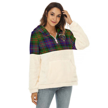 Chalmers Tartan Half Style Women's Borg Fleece Hoodie with Half Zip with Family Crest Female - Tartan Vibes Clothing