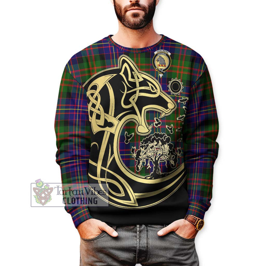 Chalmers Tartan Sweatshirt with Family Crest Celtic Wolf Style Unisex - Tartan Vibes Clothing