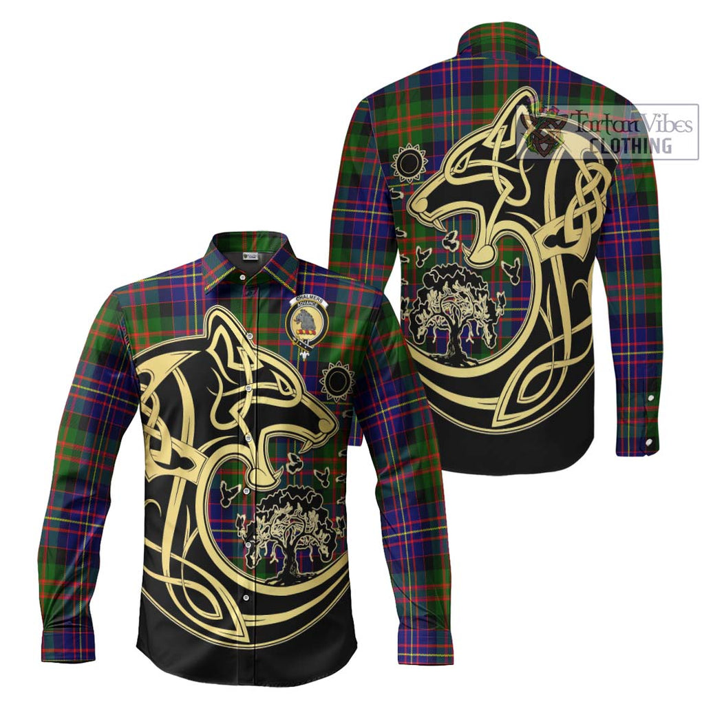 Chalmers Tartan Long Sleeve Button Shirt with Family Crest Celtic Wolf Style Men's Shirt S - Tartan Vibes Clothing