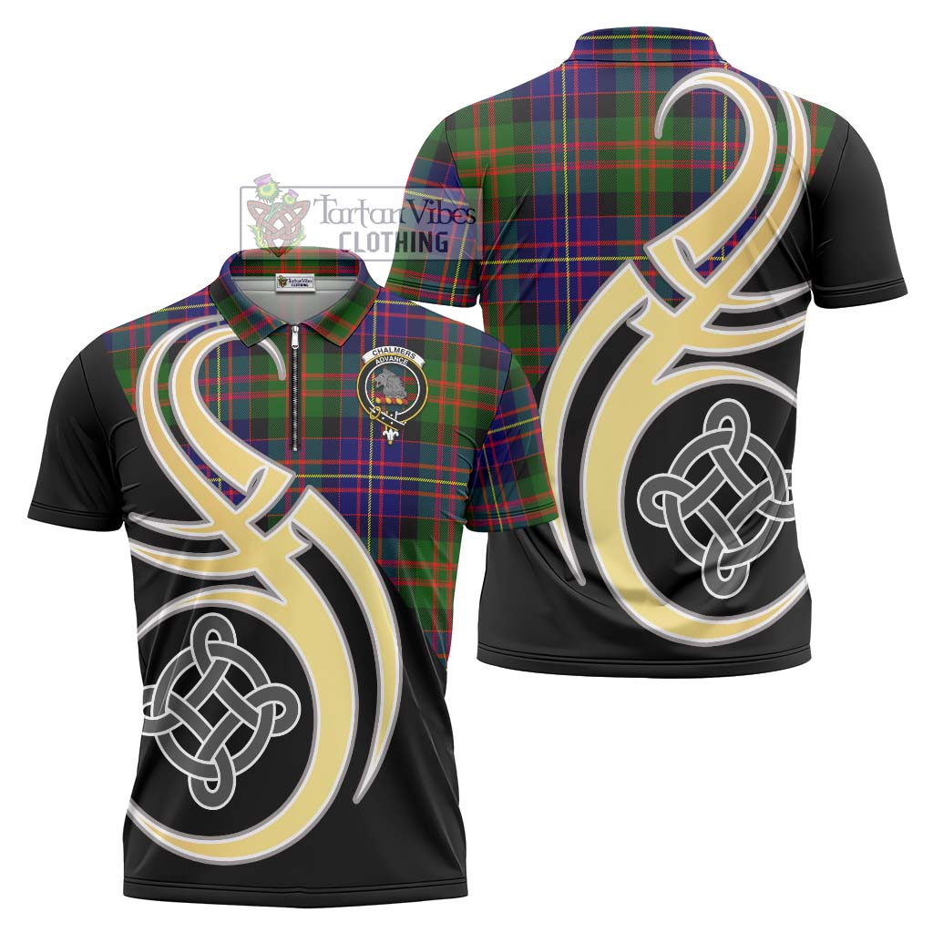 Tartan Vibes Clothing Chalmers Modern Tartan Zipper Polo Shirt with Family Crest and Celtic Symbol Style