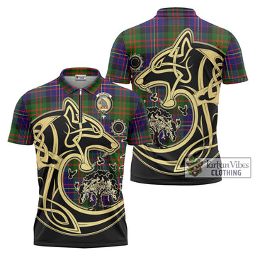 Chalmers Tartan Zipper Polo Shirt with Family Crest Celtic Wolf Style